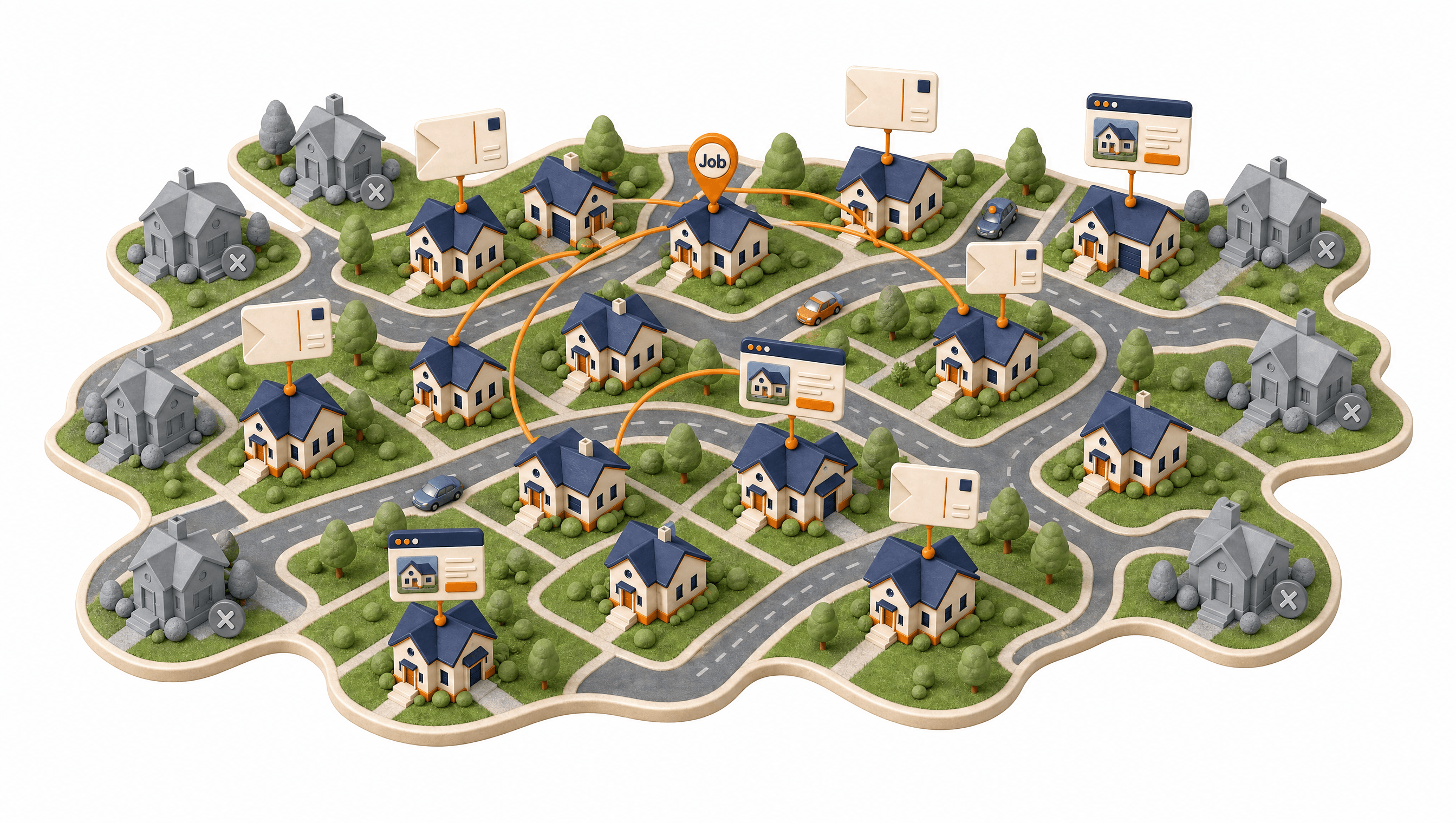 A neighborhood of service homes connected by orange postcard routes, with selected homes receiving mail and excluded homes shown in gray