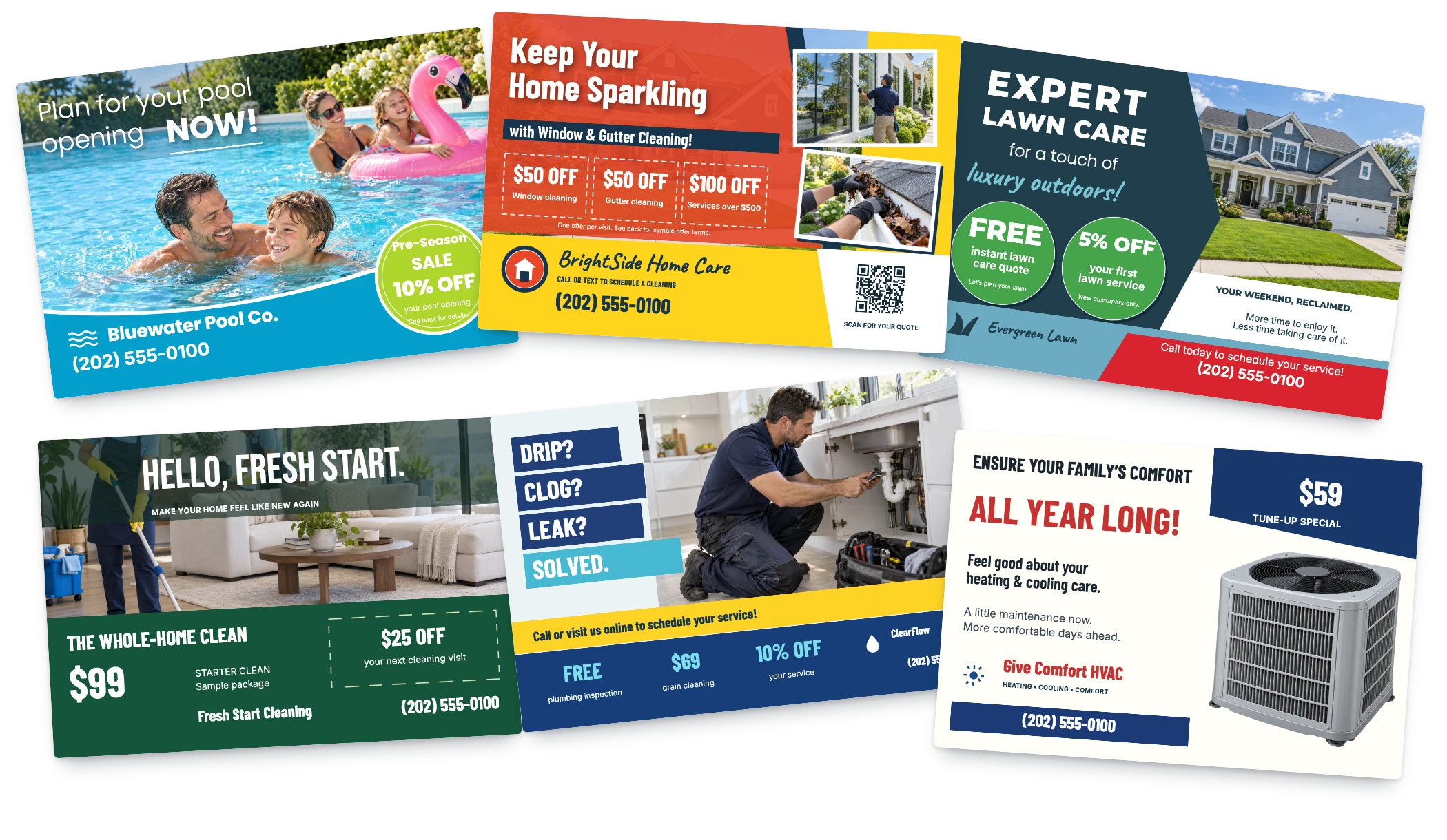 Six customizable postcard template examples for pool service, window cleaning, lawn care, home cleaning, plumbing, and heating and air