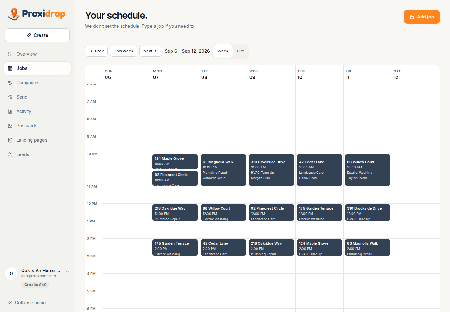 Weekly calendar in the ProxiDrop demo workspace