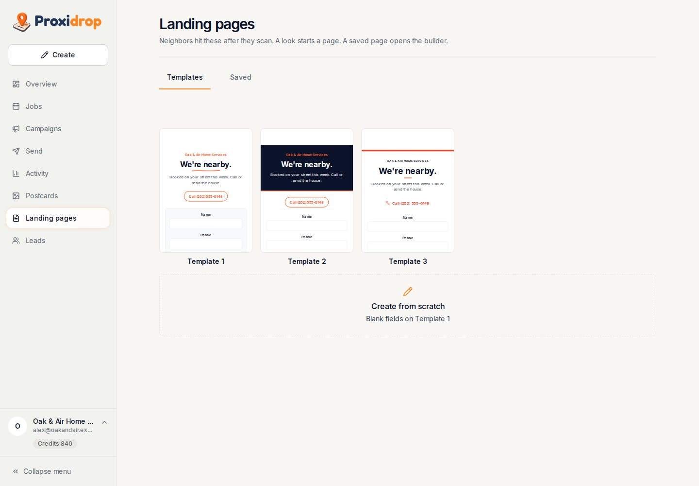 Landing page library in the ProxiDrop demo workspace